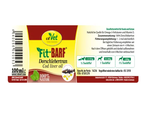 Einzelfuttermittel für Hunde & Katzen - cdVet Fit-BARF Dorschlebertran 100 ml
