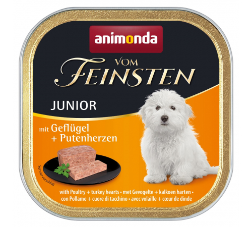 Вологий корм для собак – Animonda vom Feinsten Junior mit Geflügel + Putenherzen 150 g