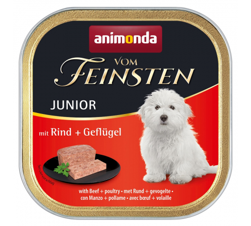 Вологий корм для собак – Animonda vom Feinsten Junior mit Rind + Geflügel 150 g