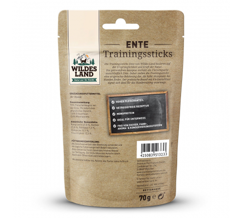 Лакомство для собак - Wildes Land Trainingssticks Ente 70 g