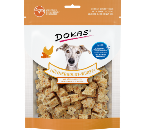 Dokas Dog Snack Hühnerbrust-Würfel mit Süßkartoffel, Leinsamen & Kokosöl 150 g