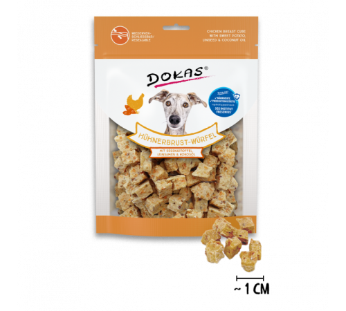 Dokas Dog Snack Hühnerbrust-Würfel mit Süßkartoffel, Leinsamen & Kokosöl 150 g