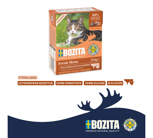 Nassfutter für Katzen – Bozita Sterilised Häppchen in Gelee mit Huhn & Rind 370 g