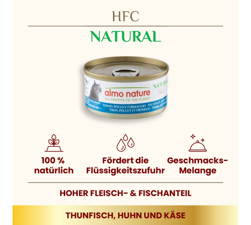 Nassfutter für Katzen – Almo Nature HFC Natural Thunfisch, Huhn und Käse 70 g