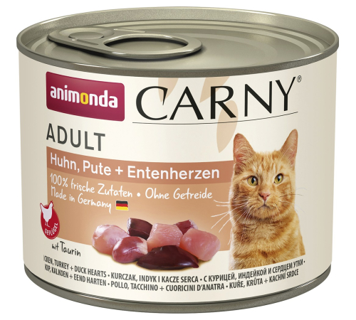 Вологий корм для котів – Animonda Carny Adult Huhn, Pute + Entenherzen 200 g
