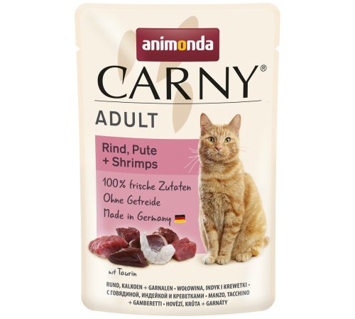 Влажный корм для кошек – Animonda Carny Adult Rind, Pute + Shrimps 85 g