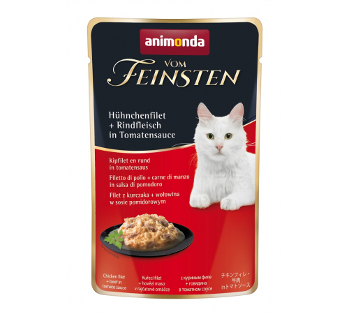 Nassfutter für Katzen – Animonda vom Feinsten Adult Hühnchenfilet + Rindfleisch in Tomatensauce 50 g