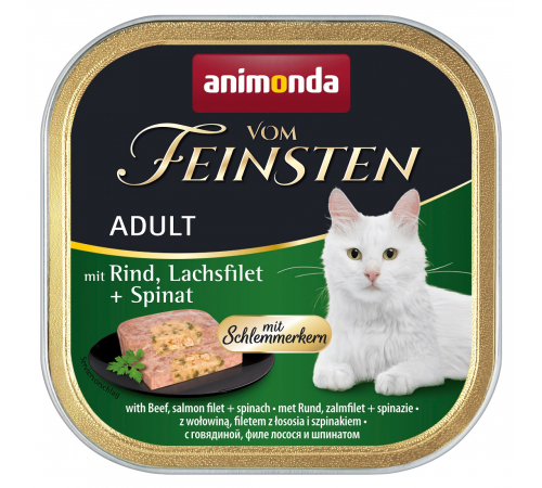 Nassfutter für Katzen – Animonda vom Feinsten Adult Schlemmerkern mit Rind, Lachsfilet + Spinat 100 g