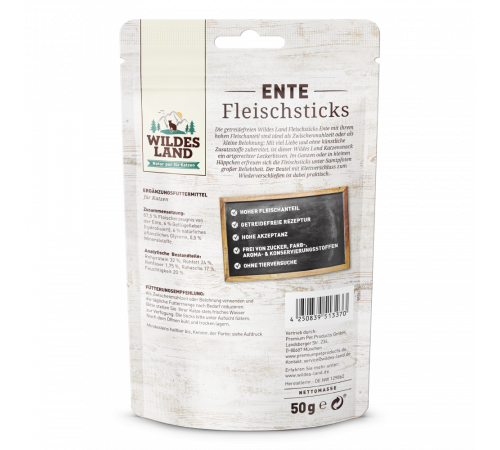 Katzensnack - Wildes Land Cat Fleischsticks Ente 50 g