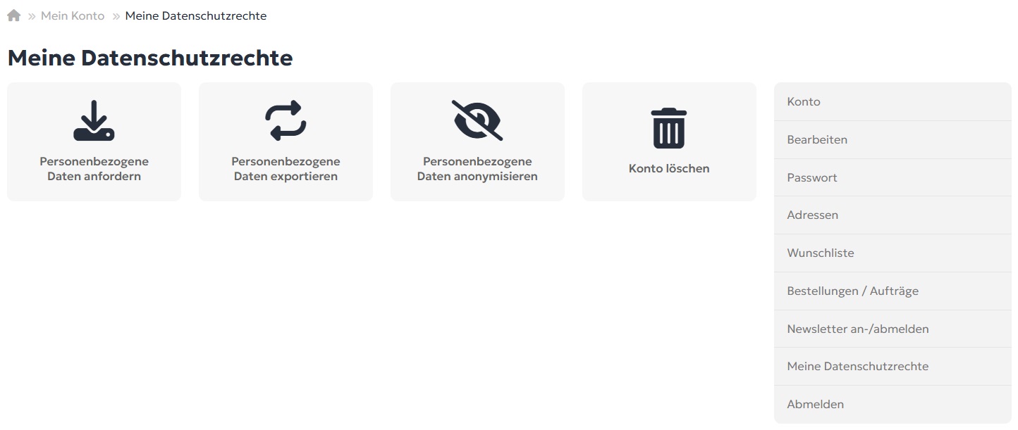 Screenshot der Benutzeroberfläche 'Meine Datenschutzrechte' bei Petkomfort mit Optionen für Datenexport, Anonymisierung und Kontolöschung nach DSGVO.