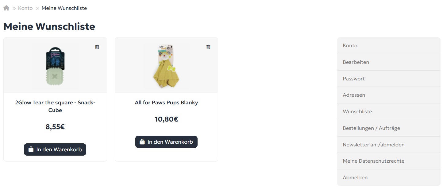 Screenshot der Wunschliste im Petkomfort Kundenkonto mit gespeicherten Lieblingsartikeln und Warenkorb-Button
