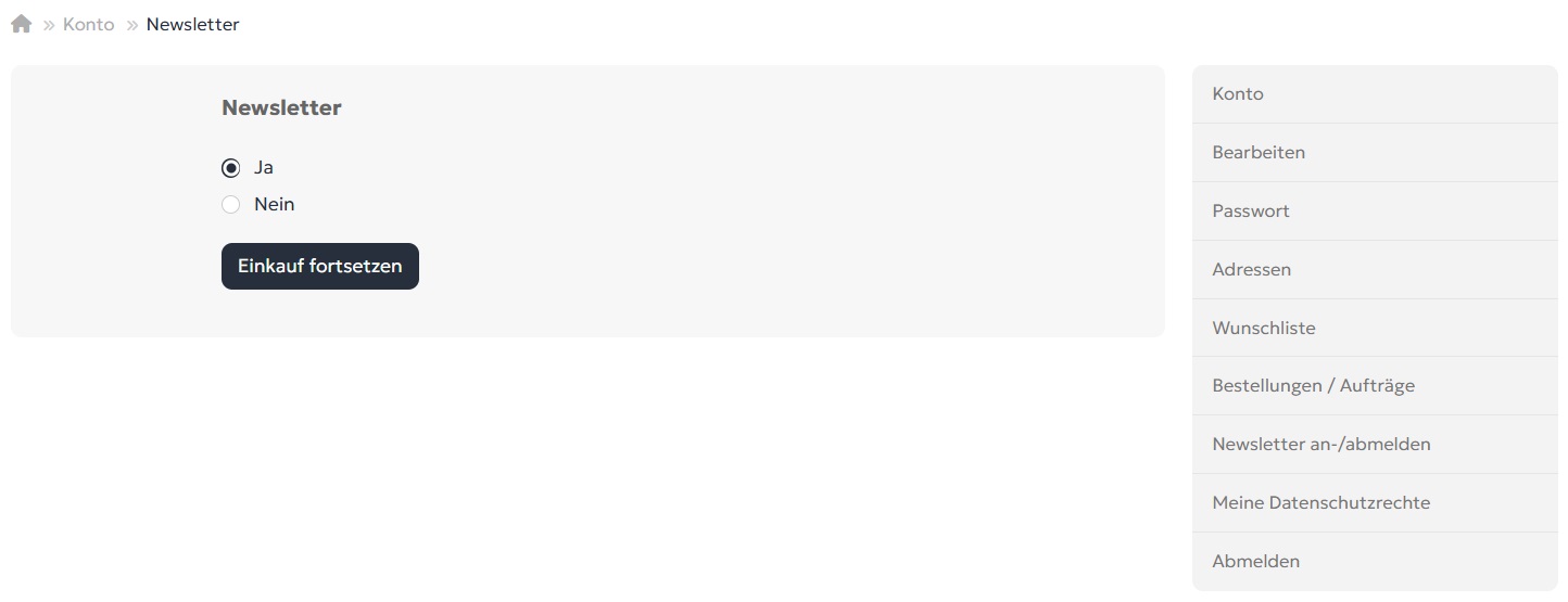 Screenshot der Newsletter-Einstellungen im Petkomfort Kundenkonto zum Abonnieren oder Abbestellen