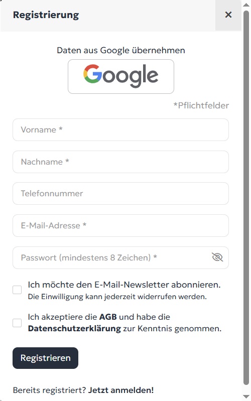 Screenshot des Registrierungsformulars bei Petkomfort mit der Option zur Google-Anmeldung und Pflichtfeldern